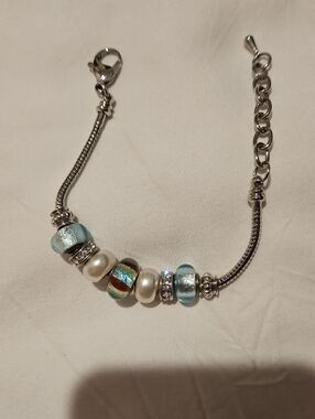 Sterling-Style Silver Bracelet with Light Blue Glass & Pearl Beads